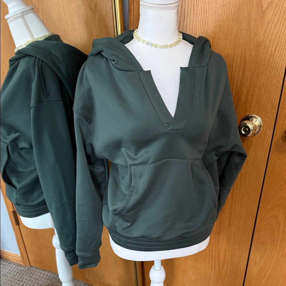 Dark Green Hoodie Top with V-Neck and Kangaroo Pocket